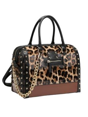 Dasein Leopard Print Satchel with Gold Chain and Black Trim - Brown/Black NWT